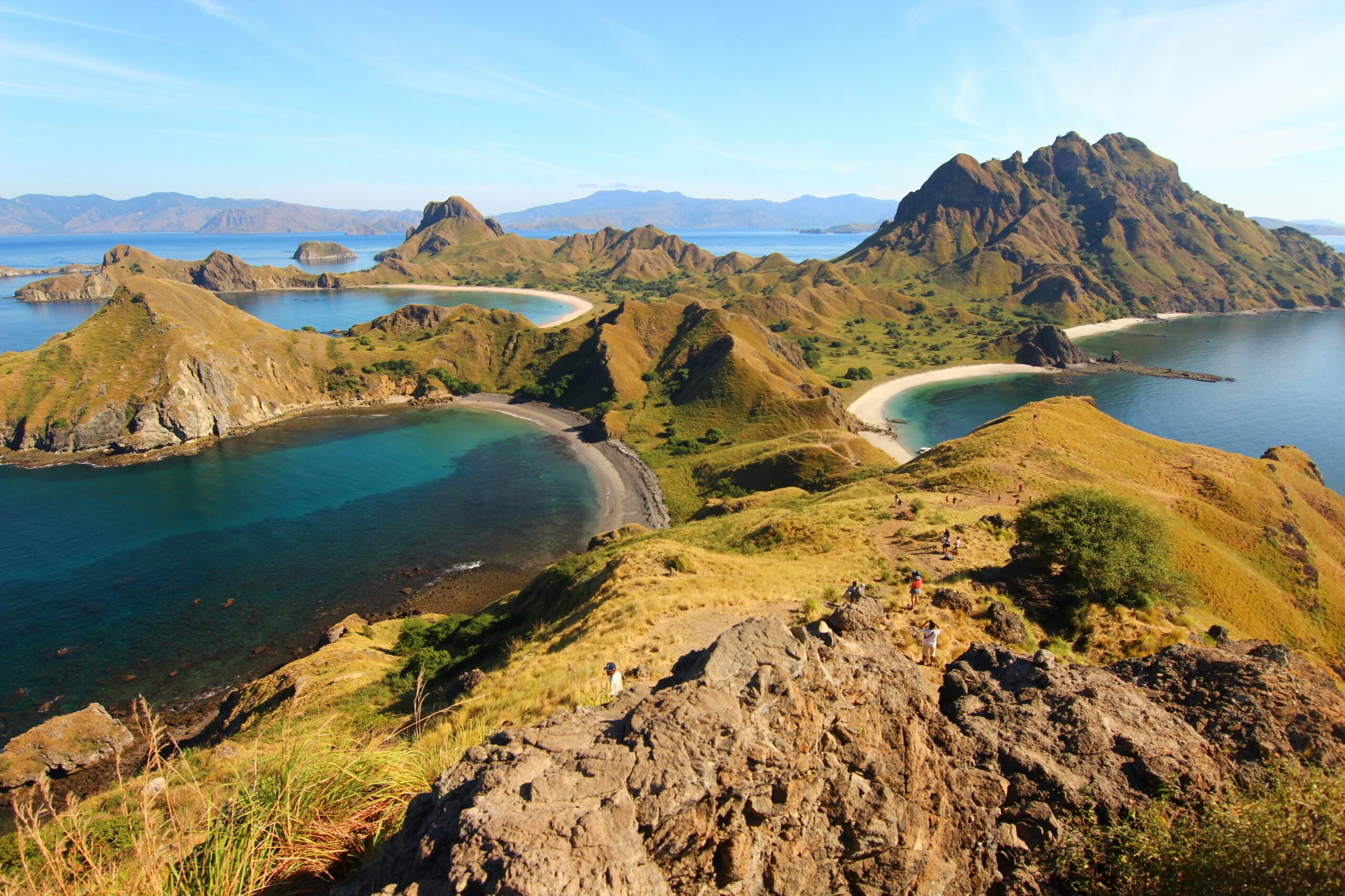 Plage de sable rose des îles Komodo en Indonésie avec eaux turquoise et collines verdoyantes.